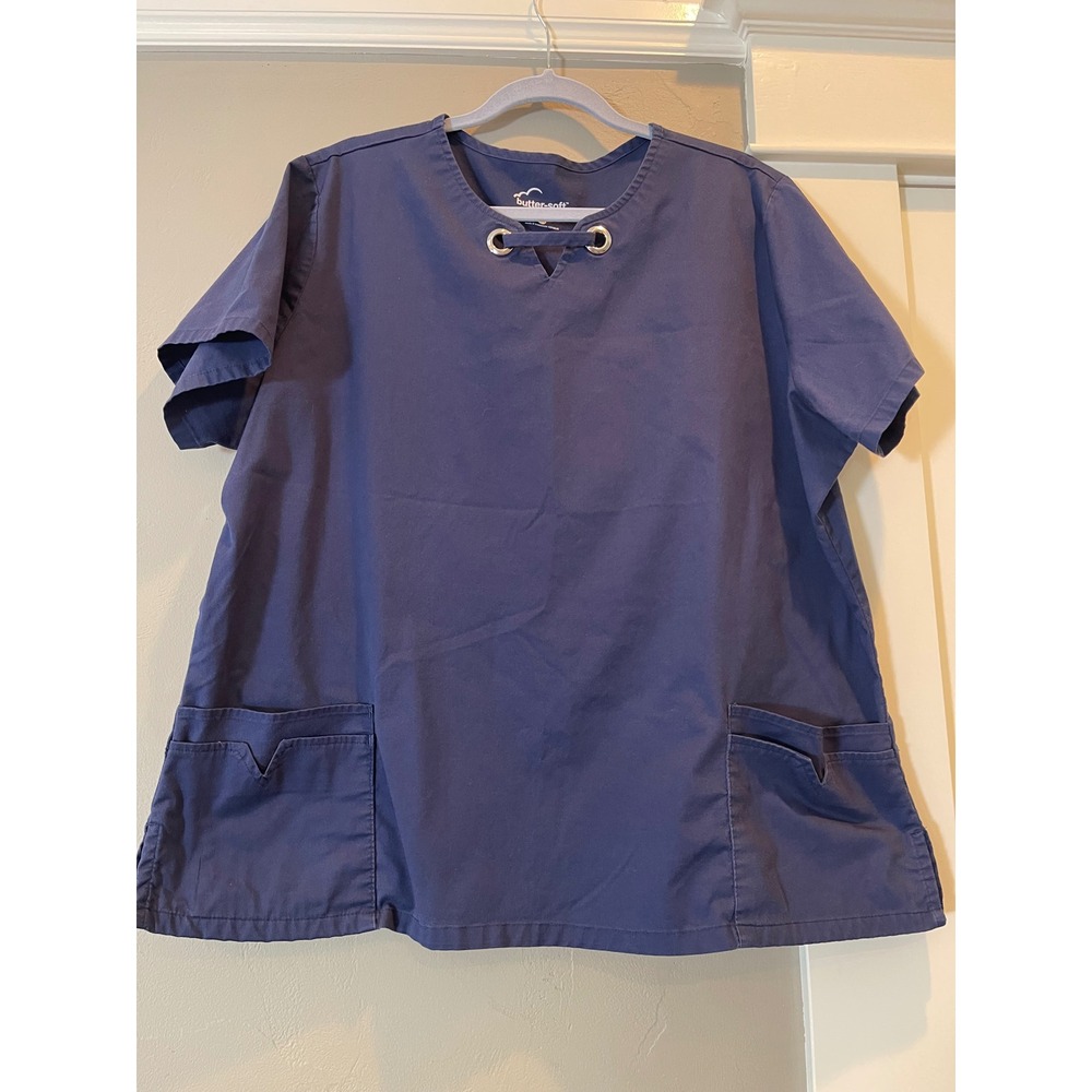 Butter-Soft Stretch Women Navy Blue Grommet V-Neck Scrub Top 2X Short Sleeve